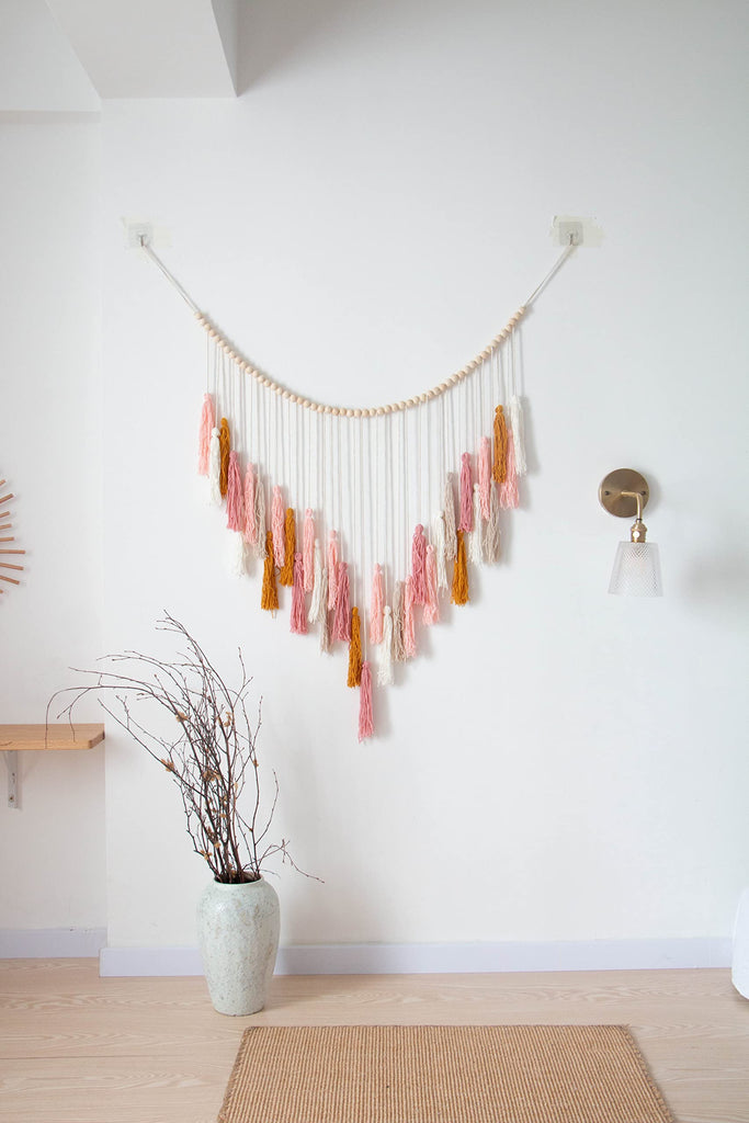Macrame Wall Hanging - Large Macrame Wall Hanging with Wood Beads - Bohemian Wall Decor - Pink and Gold- 35'' x 36''