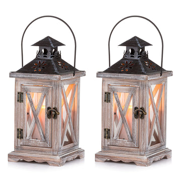 Wooden Farmhouse Lantern Decorative, Rustic Lanterns Set of 2, 11in
