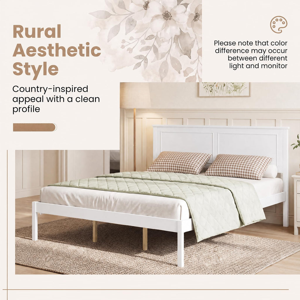 Bed Frame, Farmhouse Wooden Platform Bed with Headboard
