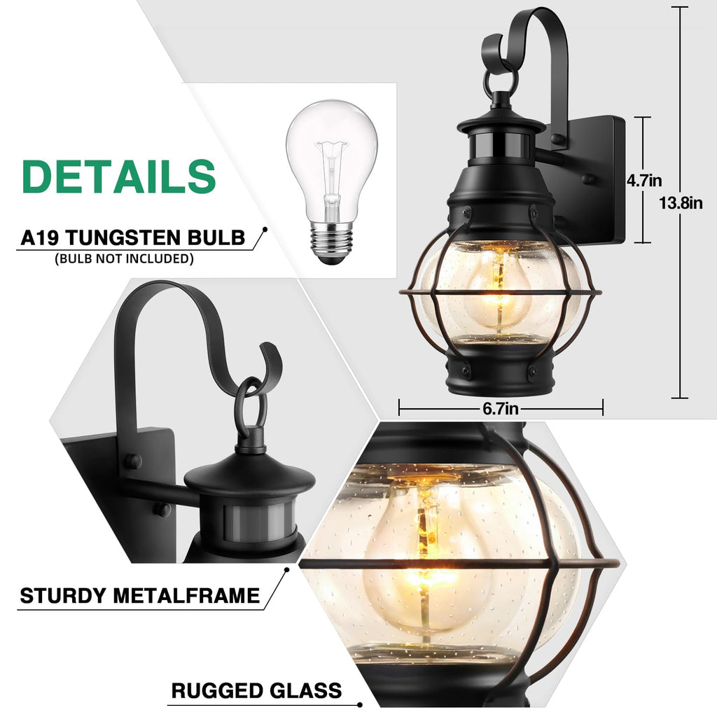 Motion Sensor Outdoor Wall Light, Dusk to Dawn Porch Light, Black