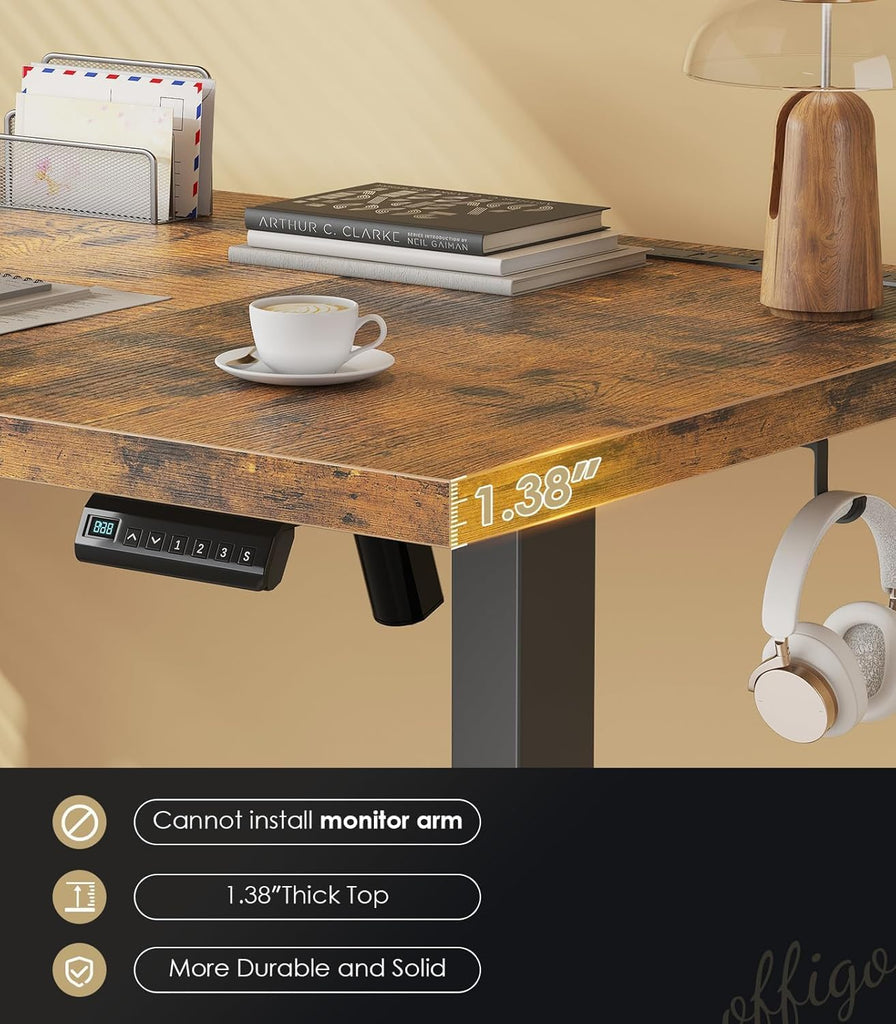 71" Executive Electric Standing Desk Height Adjustable, Rustic Brown | 1.38" Thick 3-Panel Desktop, Power Outlets, 3