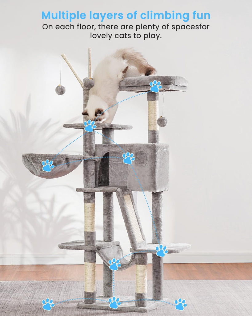 Cat Tree, 53 inch Cat Tower for Indoor Cats, Cat House with Padded Platform Bed, Toy Balls, Large Cozy Condo