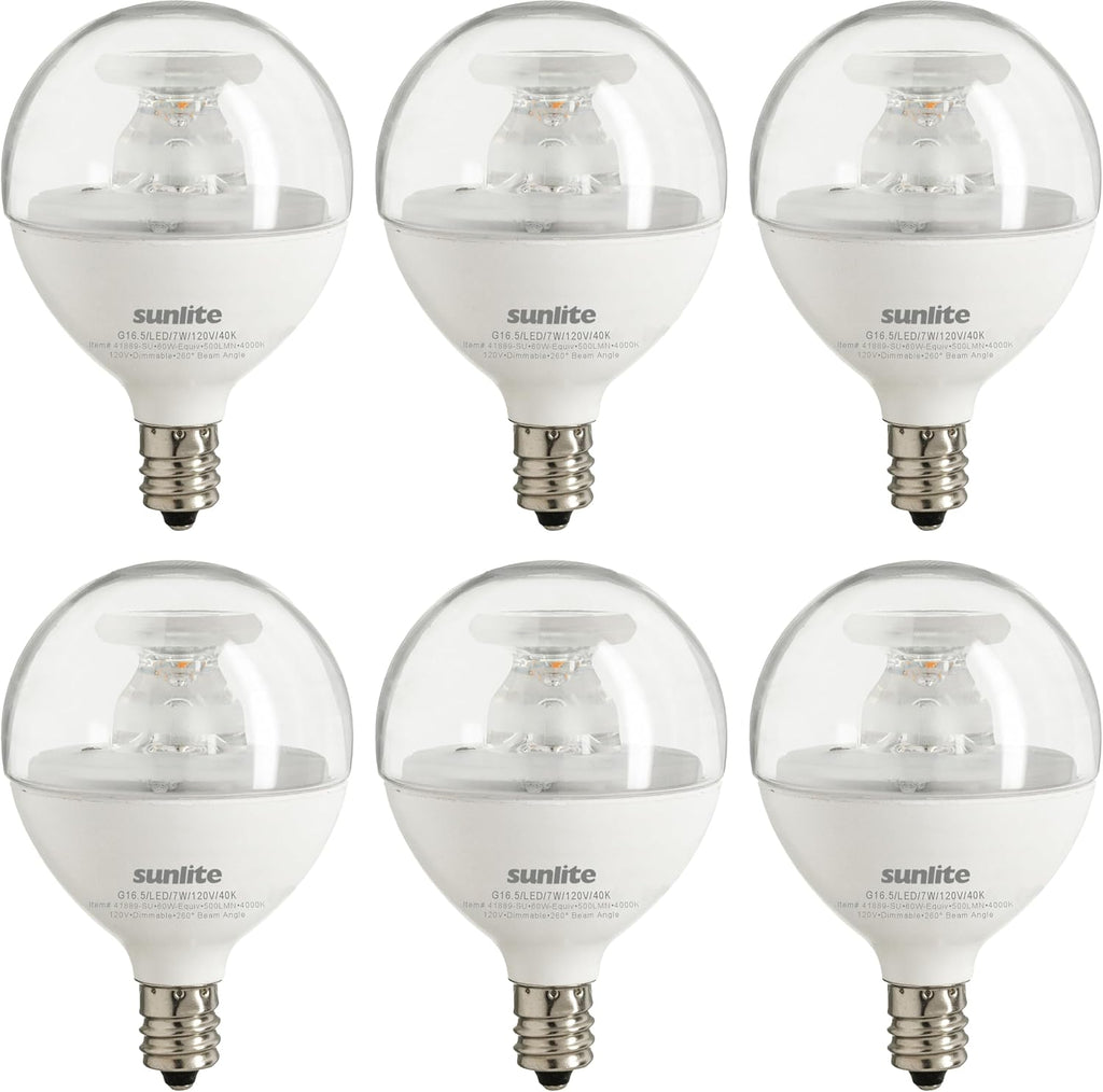 G16.5 Light Bulb LED, 7 Watts (60W Equiv.), 500 Lumens, Dimmable, Type G Globe Shape E12 Candelabra Base, Short Bulbs