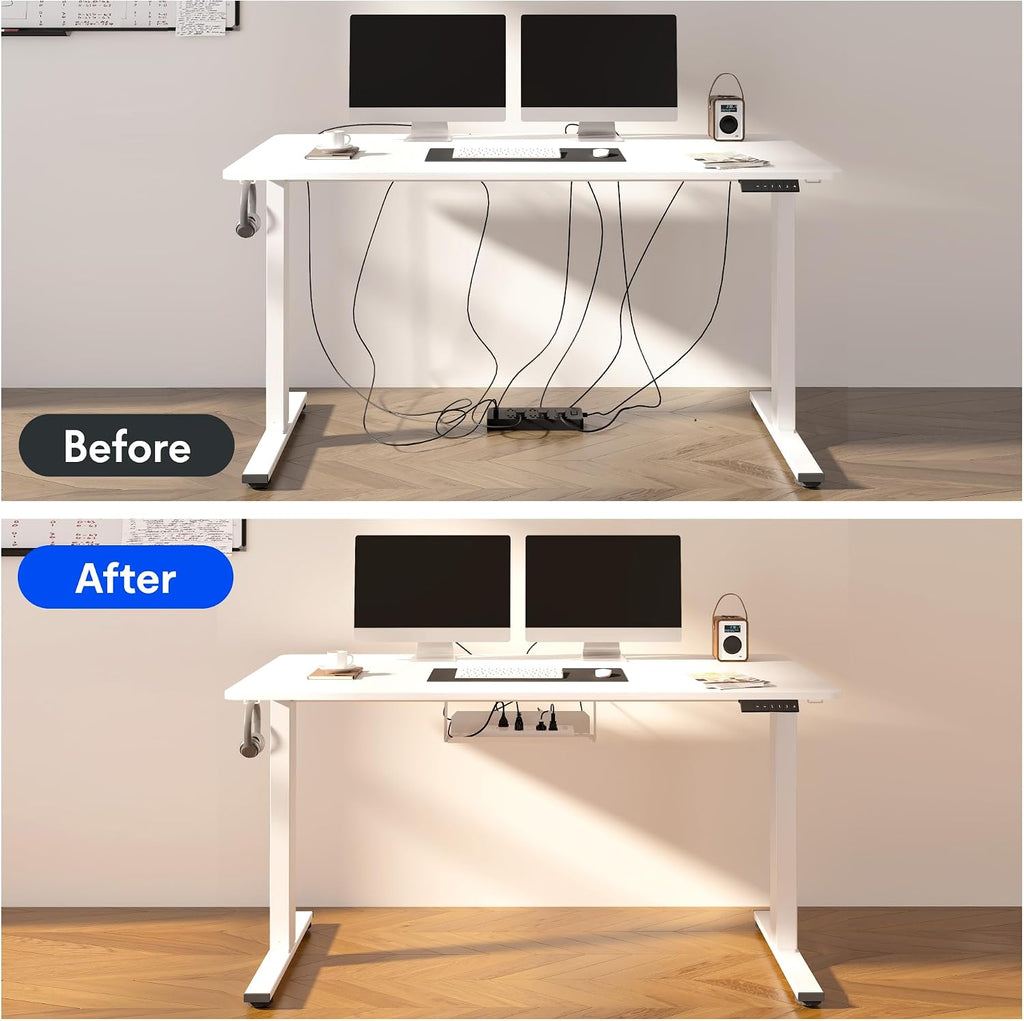 EN2 55"x28" Whole-Piece Standing Desk with Power Strip, White | Whole-Piece Desktop, Easy-Access Clamp Power Strip