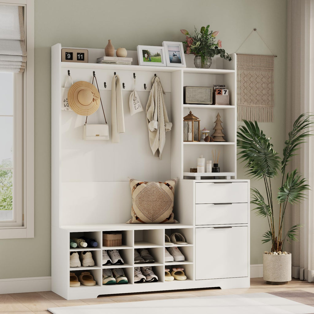 5-1 Hall Tree with Bench & Shoe Cubby, Farmhouse Entryway Mudroom Coat Rack