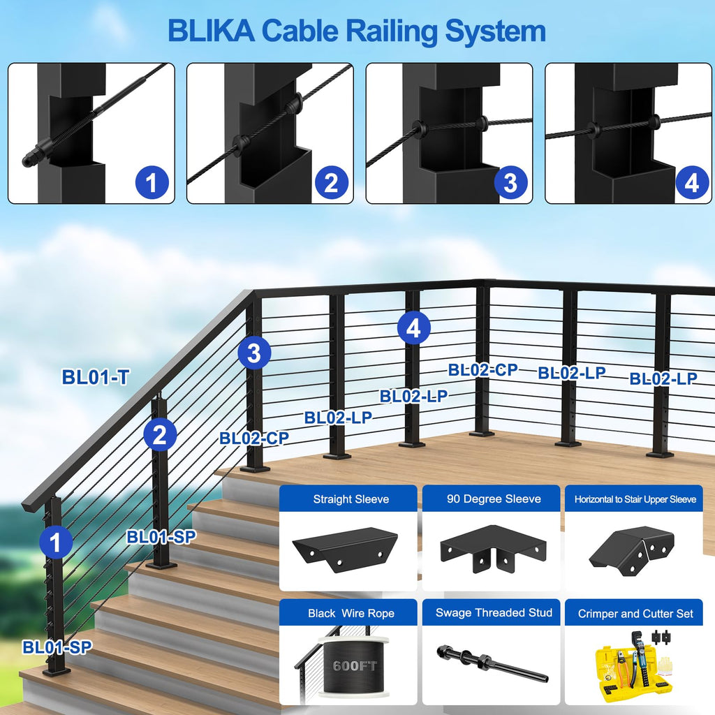 Handrail Connector Fittings, Black Powder Coated Aluminum 90 Degree Sleeve for Deck Stair Cable Railing Rectangular