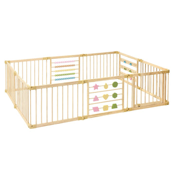 Natural Wood Baby Playpen - 8 or 10 Panel Foldable Play Yard with Door Panel and Built-in Toys, CPC Certified & SGS
