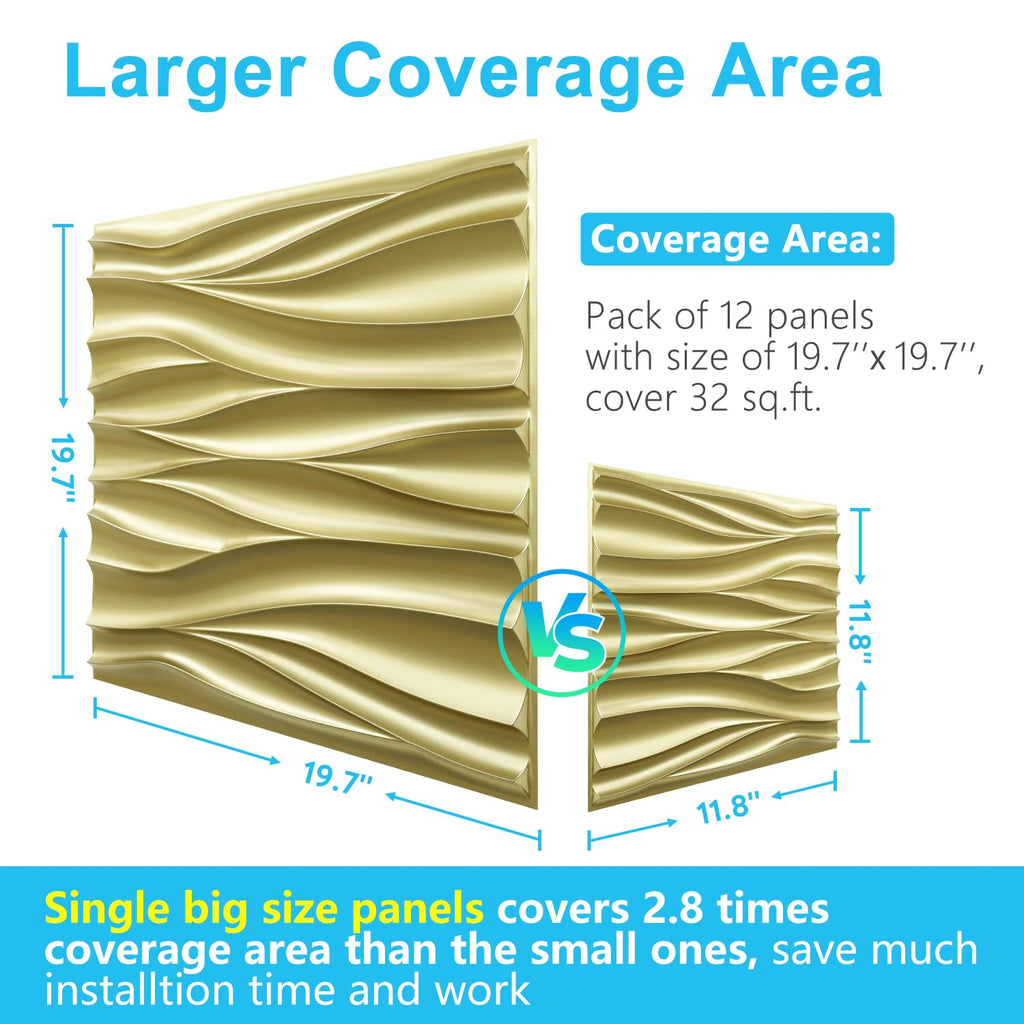 3D Wall Panels, Champaign Gold Wave Design, 19.7''x19.7''
