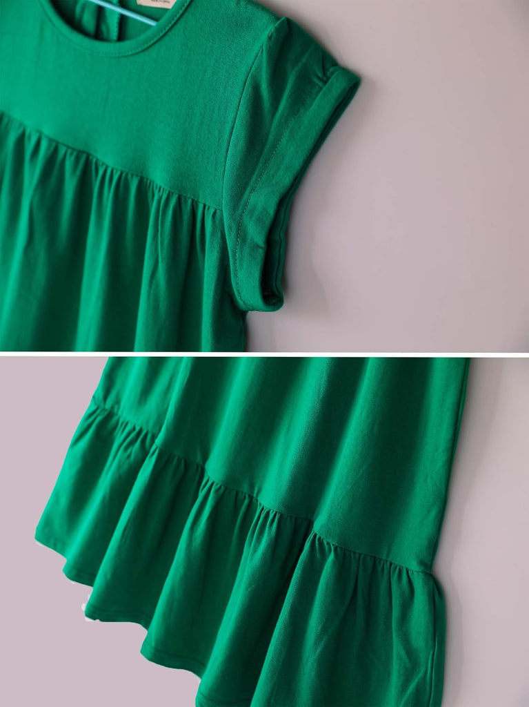 Girls Dress Short Sleeve Solid Color Tunic A-Line Tiered Swing Dress