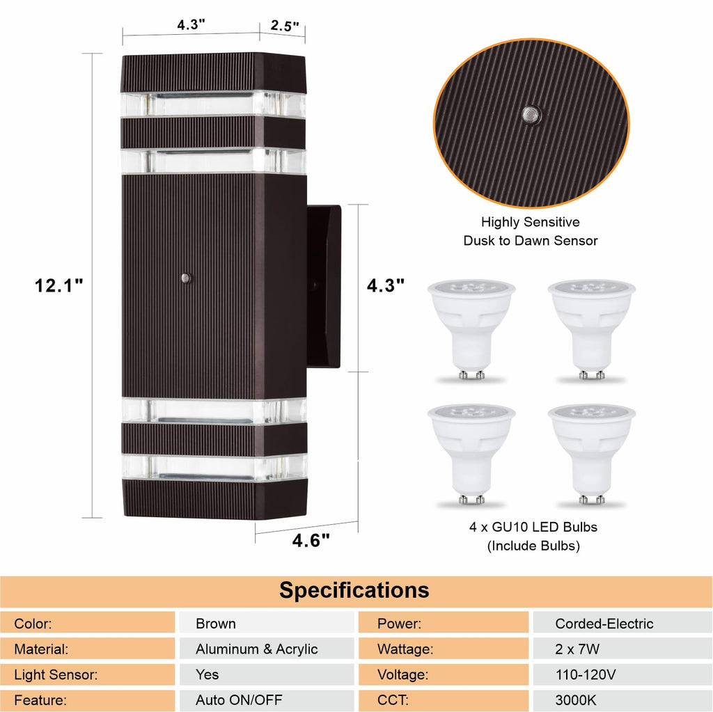 4 Pack Dusk to Dawn Outdoor Lighting, Modern Outdoor Wall Light Fixtures Brown Exterior Lights, Waterproof Aluminum