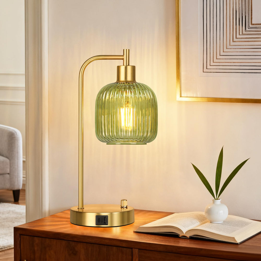 Green Glass Table Lamps Set of 2, Dimmable Bedside Lamps