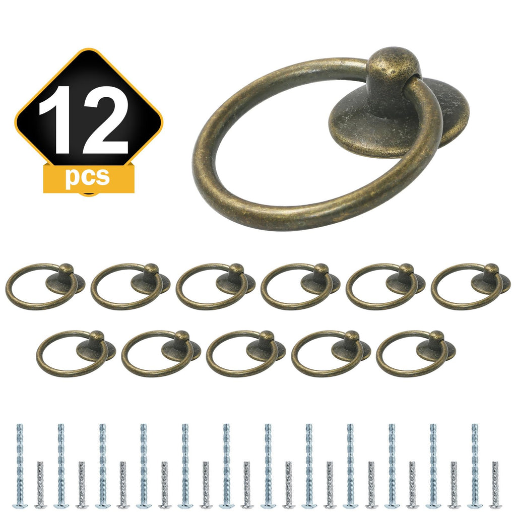 12pcs Drop Ring Drawer Pulls - Antique Brass