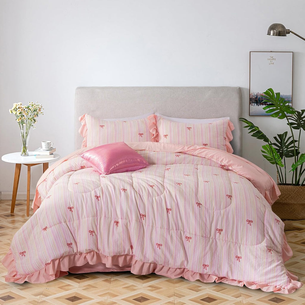 A Nice Night Rainbow Stripes & Bows Bedding Set,Ruffle 6 Piece Bed in a Bag Matching Sheet Set,Princess Style Chic Bow