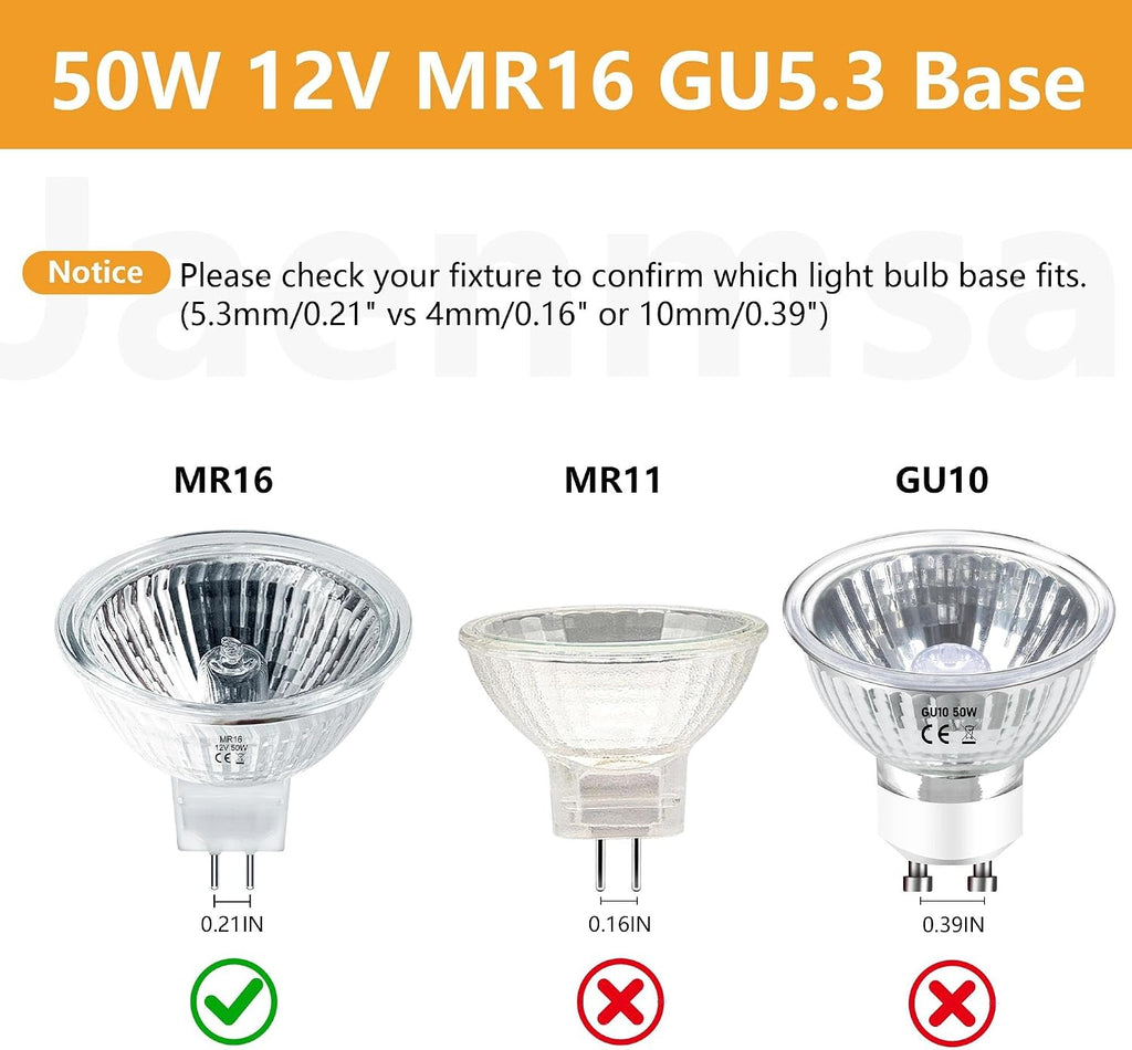 MR16 Halogen Bulbs 50W,6 Pack 12V 50W MR16 Light Halogen Bulbs 2 Pin GU5.3 Base Dimmable with Clear Glass Cover,High