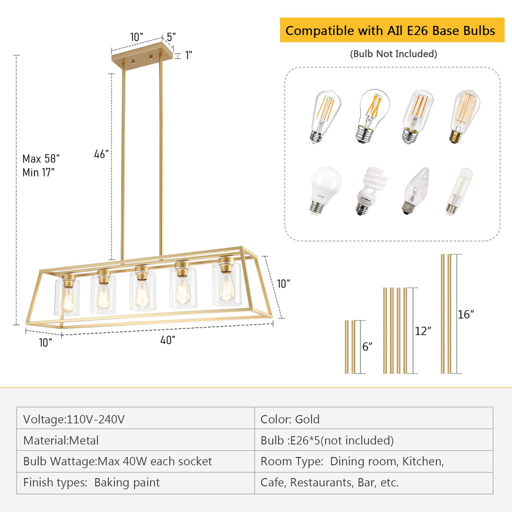Gold Rectangle Chandeliers Light fixture Over Table