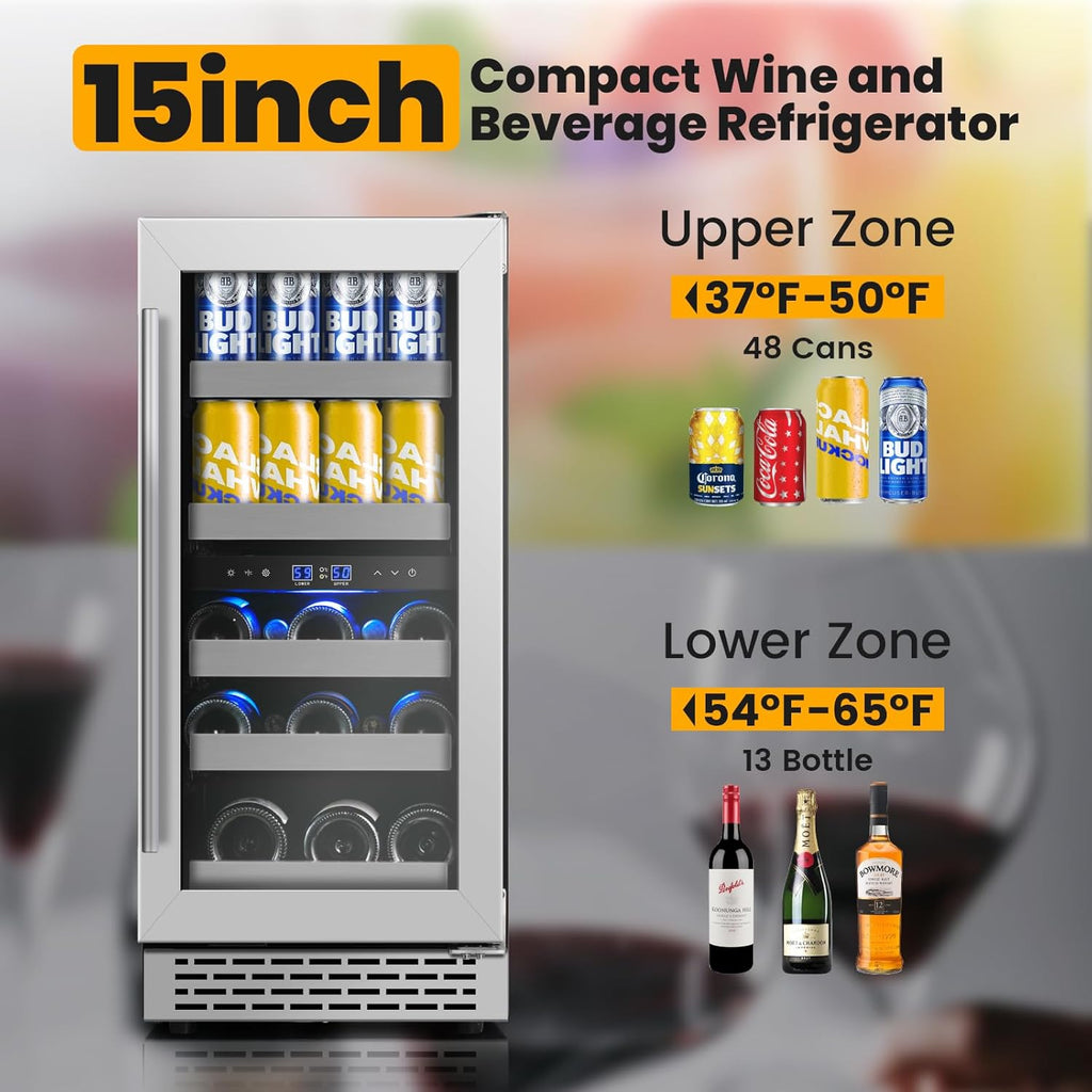 15 Inch Wine and Beverage Refrigerator,13 Bottle & 48 Cans Dual Zone Beverage Fr