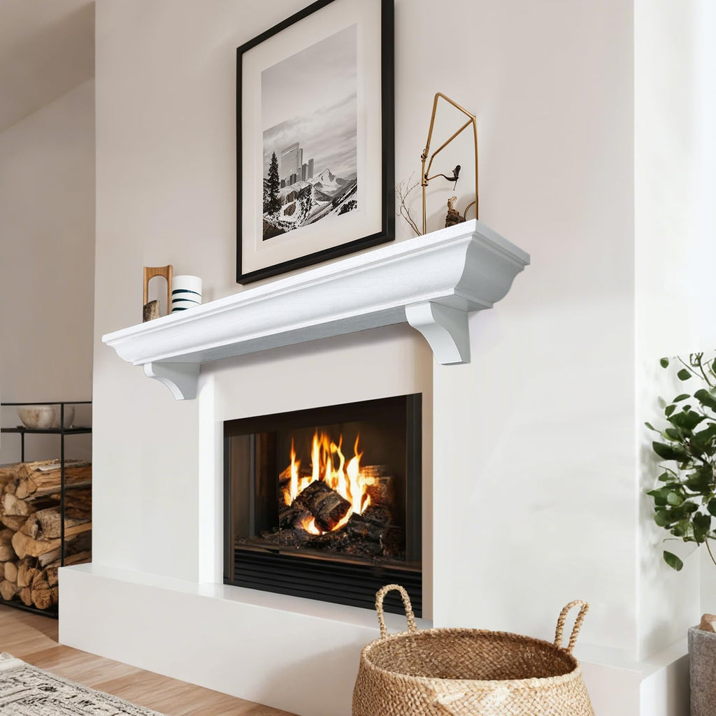48 Inch Fireplace Mantel Shelf with Corbels, Rustic Floating Shelf, White