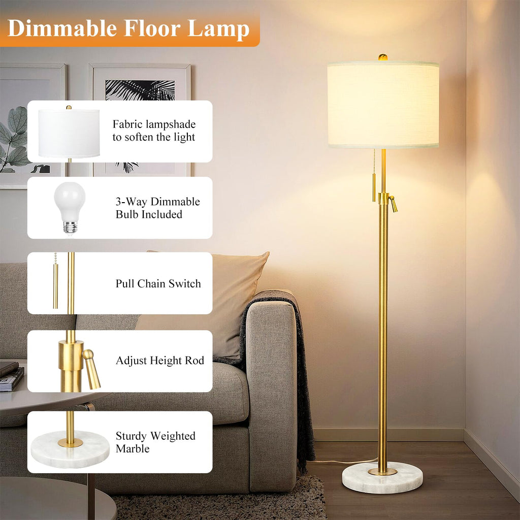 Gold Floor Lamps, 55"-67" Height Adjustable Modern Tall Lamp, 3-Way Dimmable Standing Lamp Office Reading Corner