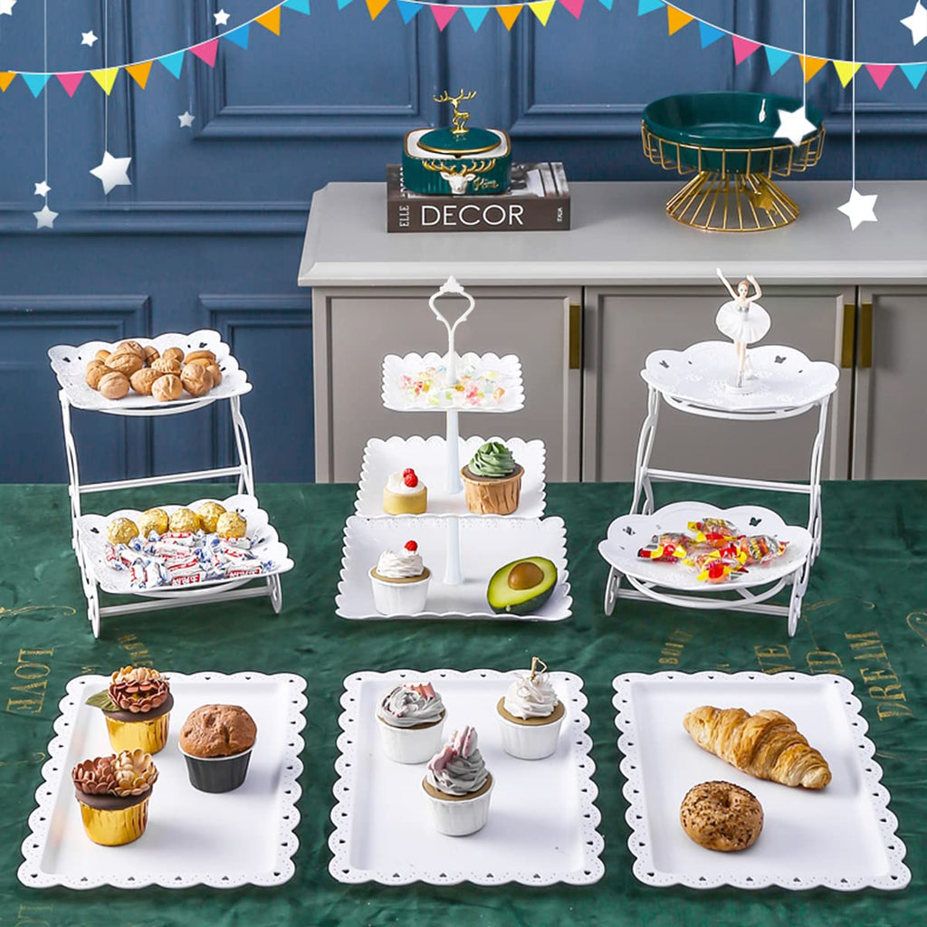 10Pcs Cupcake Stand, Dessert Table Display Set, 4 White 3 Tired Cake Stand 6 Plastic Serving Trays for Party Cookie