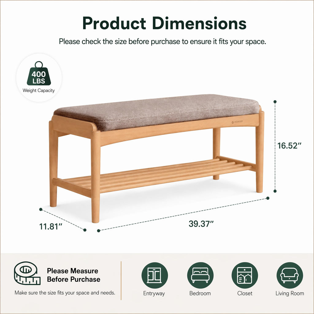 Oak Wood Shoe Bench, 40 Inch Entryway Bench with Gray Cushion