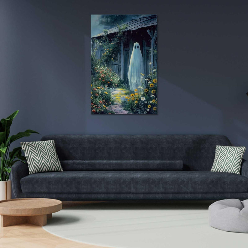 Retro White Ghost Posters Funny Cute Horror Scary Wall Art A Ghost Stands At The Door Of The House Prints Painting