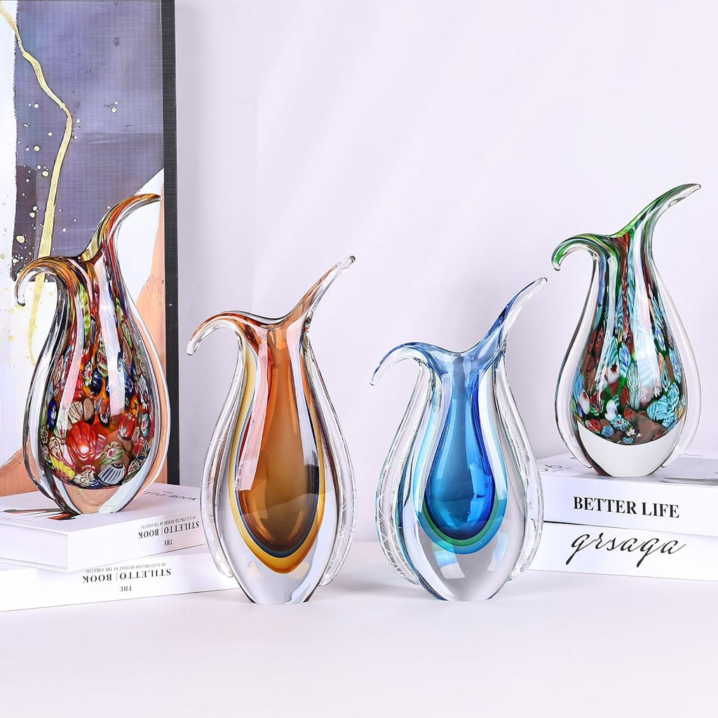 Hand Blown Glass Vase for Centerpiece, Murano Style Table Decoration, Orange Blown Art Glass Ellipse Flower Vase