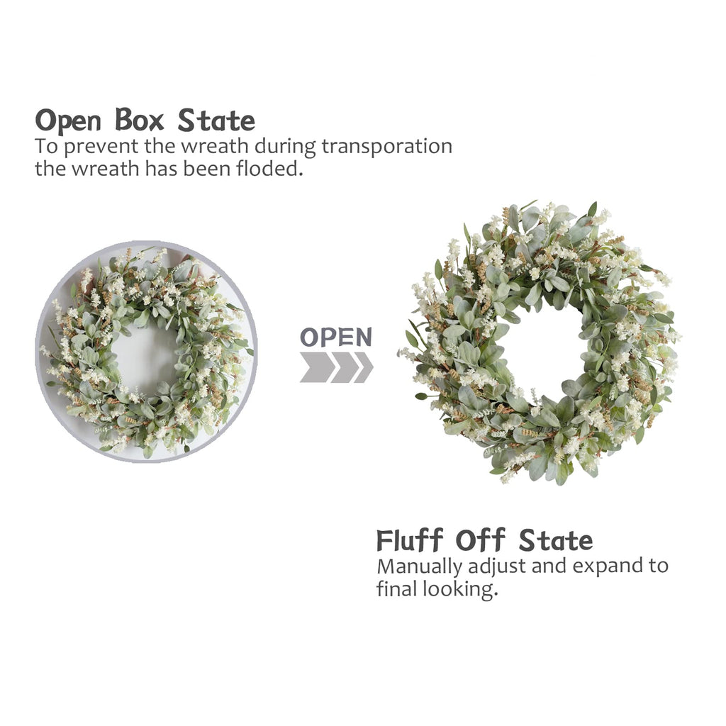 24 Inch Summer Spring Ivory Flowers Wreath for Front Door, Everyday Lamb Ears Leaves Wreath with White Artificial