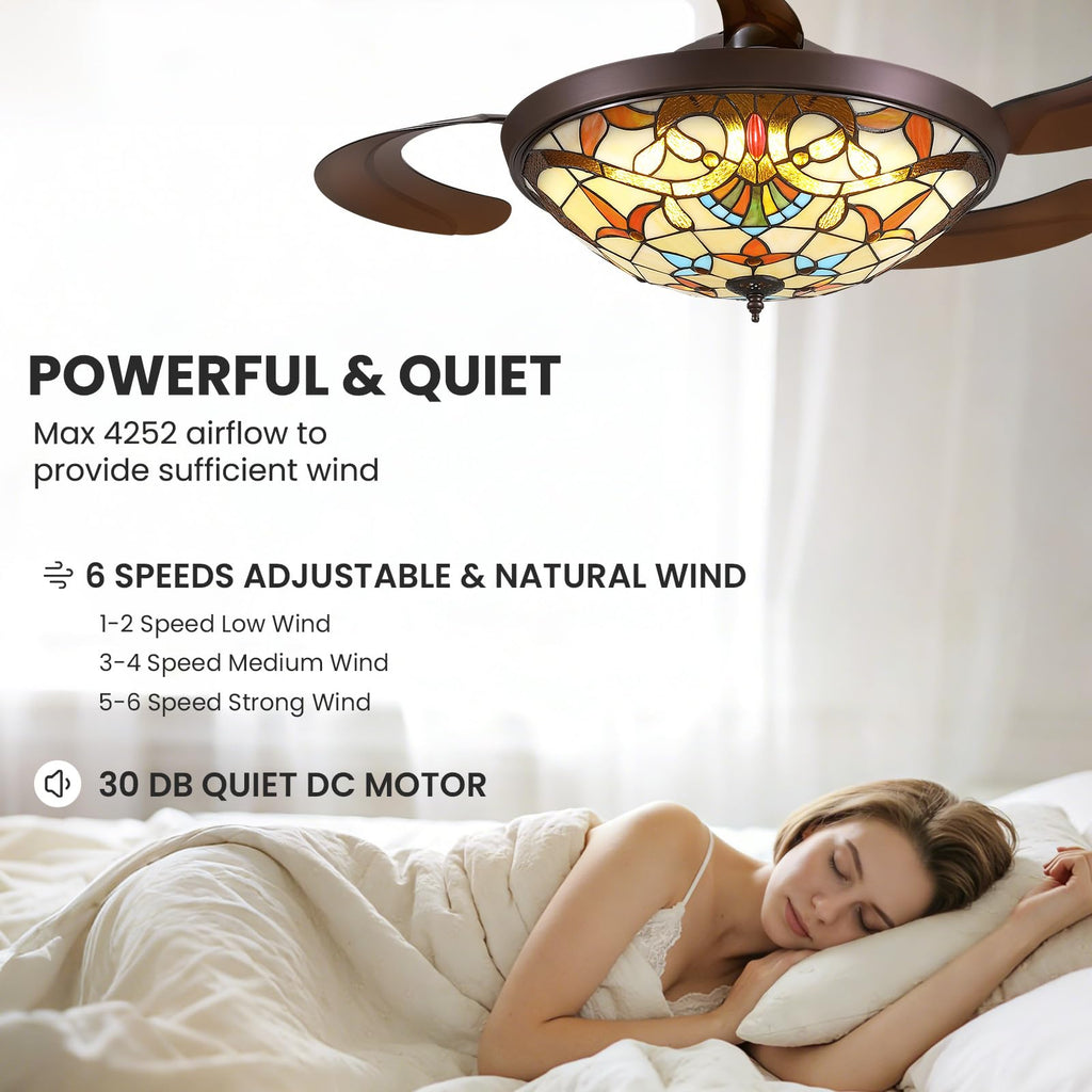 48inch Retractable Ceiling Fan Tiffany Style Chandelier Light Fixtures Ceiling with Remote & Dimmable, 6-Speed