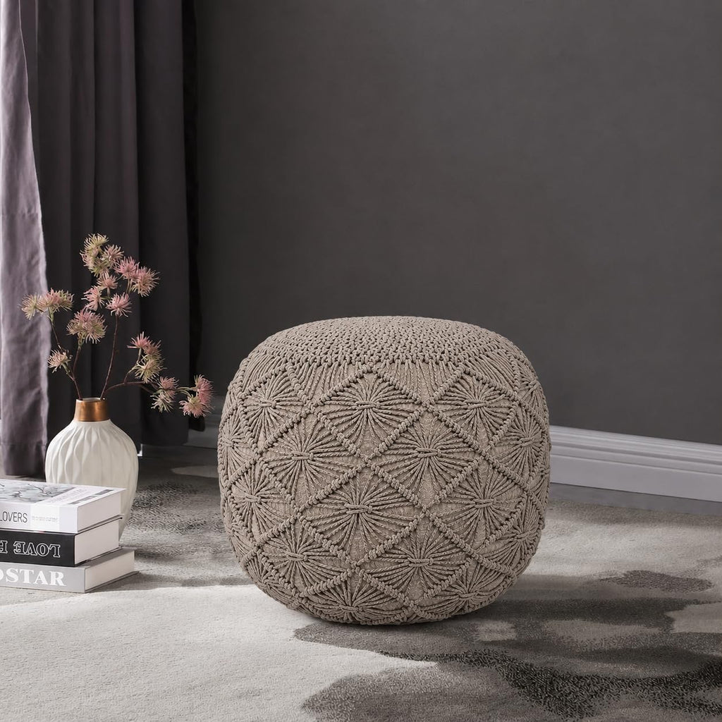 Macrame Pouf Ottoman 20x20x14 Tweed Natural Handwoven Dori Stool