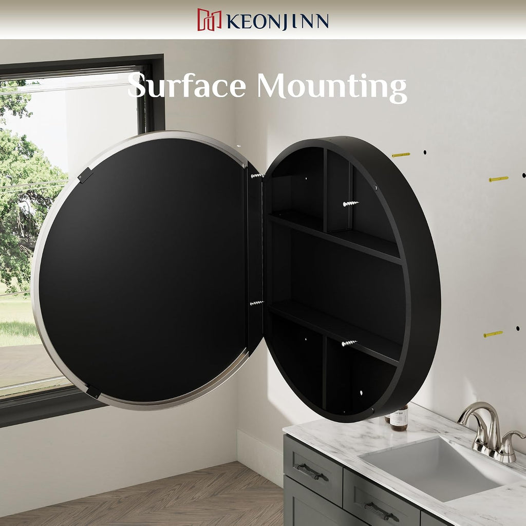 20 Inch Round Medicine Cabinet with Mirror, Brushed Nickel Surface Mount Medicine Cabinet , Framed Circular Bathroom