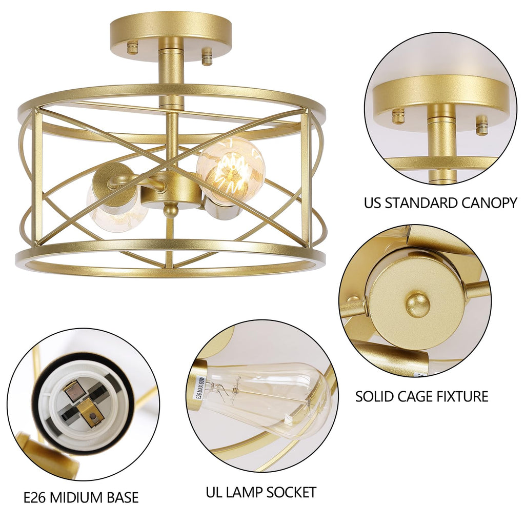 2-Light Semi Flush Mount Matte Gold Ceiling Light Fixture, Farmhouse Industrial Metal Cage with Adjustable Height