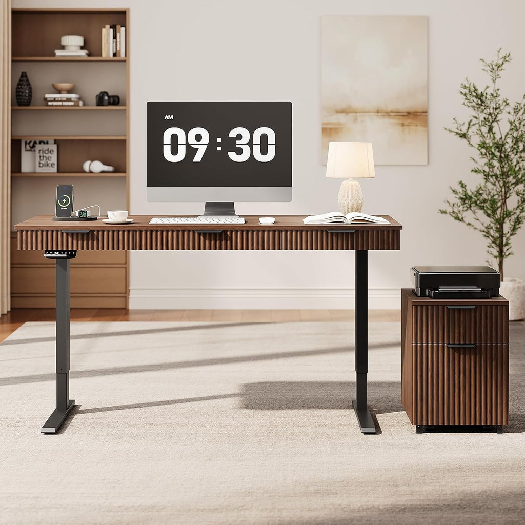 55" Electric Standing Desk with File Cabine, Sit to Stand, Walnut | Standing Desk with Drawers, Roilling Filing