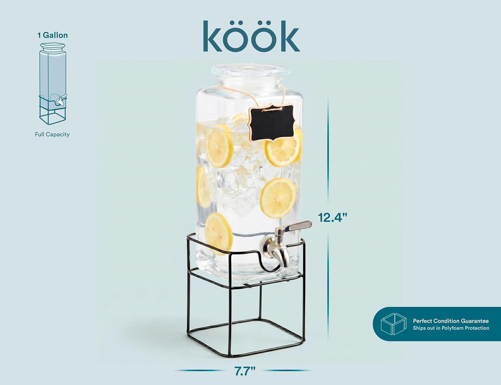 Glass Drink Dispenser, with Stand, 1 Gallon, Serves 15 Cups, Leak-Proof Stainless Steel Spigot, Beverage Storage