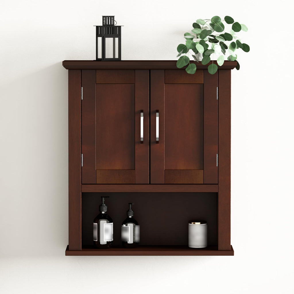 Wood Bathroom Wall Cabinet with Door, Dark Cherry Medicine Cabinet
