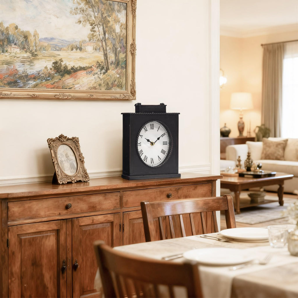 Vintage Mantel Clock, Large Rustic Distressed Metal Table Clock with Handle, Silent Non-Ticking Quartz Movement