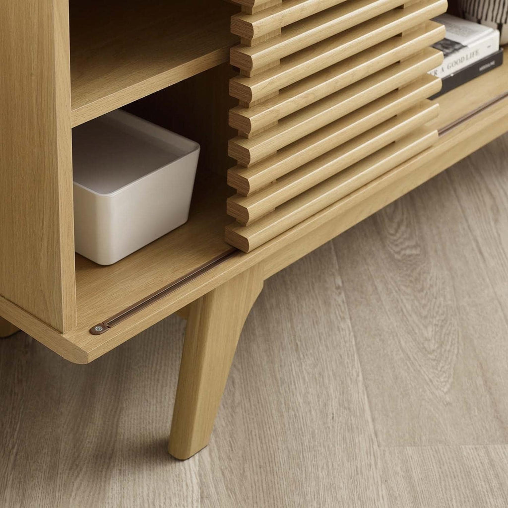 Render Mid-Century Modern Low Profile 46" Corner Media TV Stand in Oak, 15 x 46 x 23