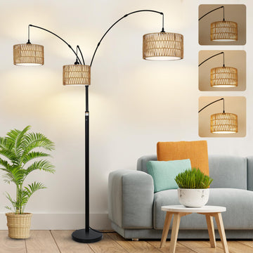 Black Arc Floor Lamps, Farmhouse Boho Floor Lamp, Industrial Standing Lamp, Dimmable Tall Lamp with Rattan