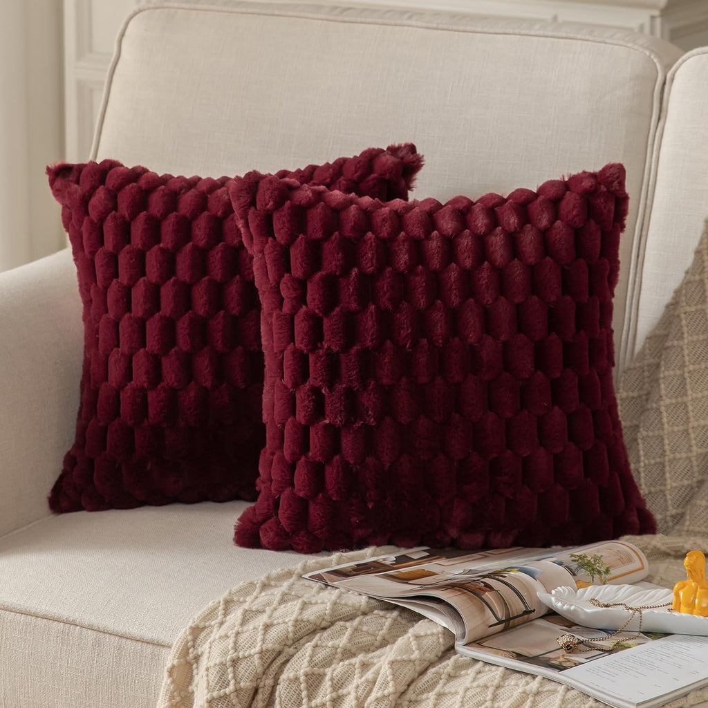 Pack of 2 Burgundy Super Soft Plush Fluffy Decorative Throw Pillow Covers 18x18 inch Faux Fur Wool Velvet Cushion