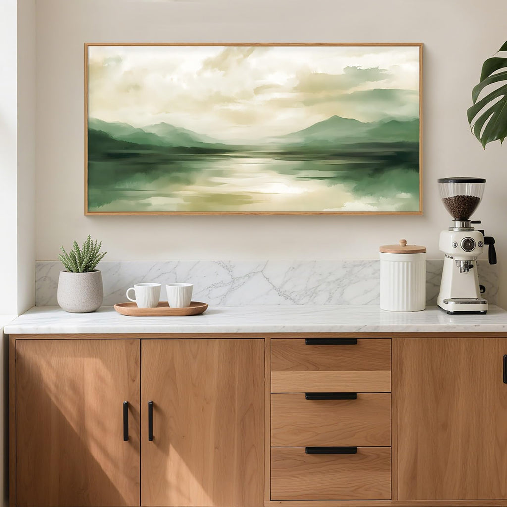 Sage Green Abstract Canvas Wall Art Set of 3, Framed Beige White Landscape Painting, Neutral Watercolor Mountain