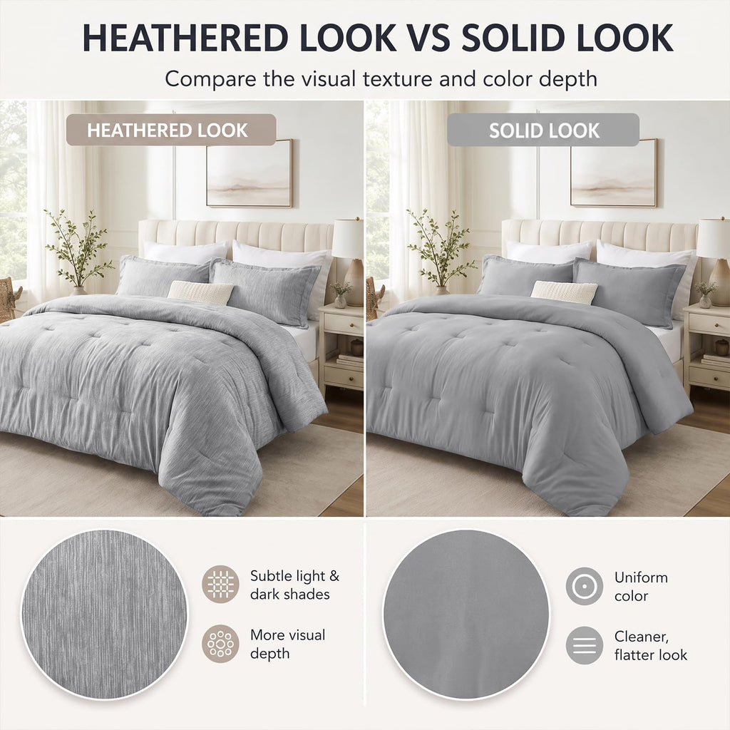 Comforter Set, Heathered Light Grey, 3 Pieces Bedding Sets