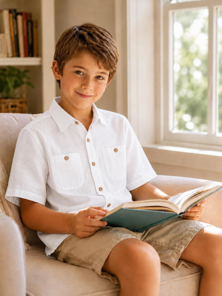 Boys Button Down Shirt Short Sleeve Linen Feel Casual Dress Shirt