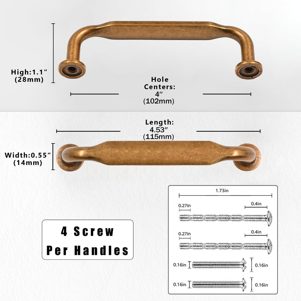 10 Pack Antique Brass Cabinet Pulls 4 Inch(102mm) Kitchen Cabinet Handles Solid Zinc Alloy Cabinet Hardware Drawer
