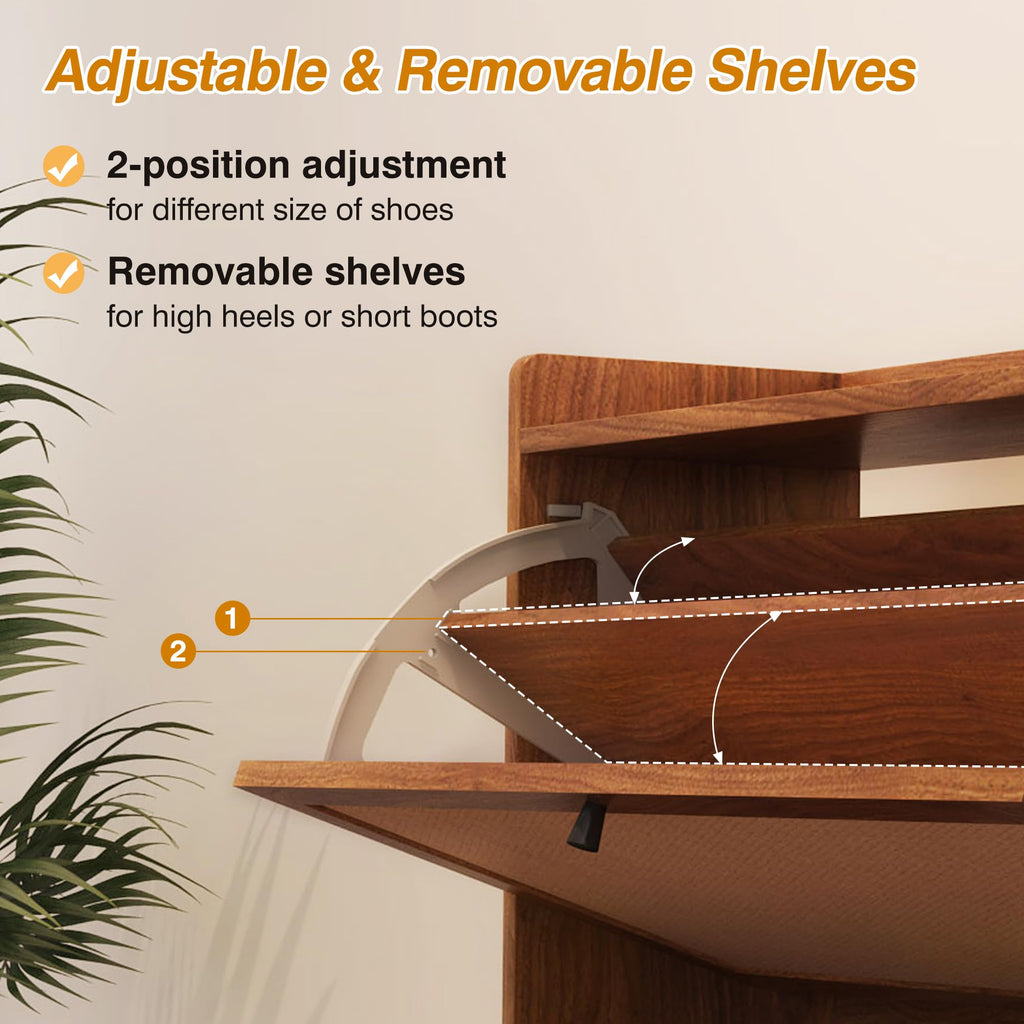 Narrow Shoe Storage Cabinet with 2 Flip Drawers, Walnut