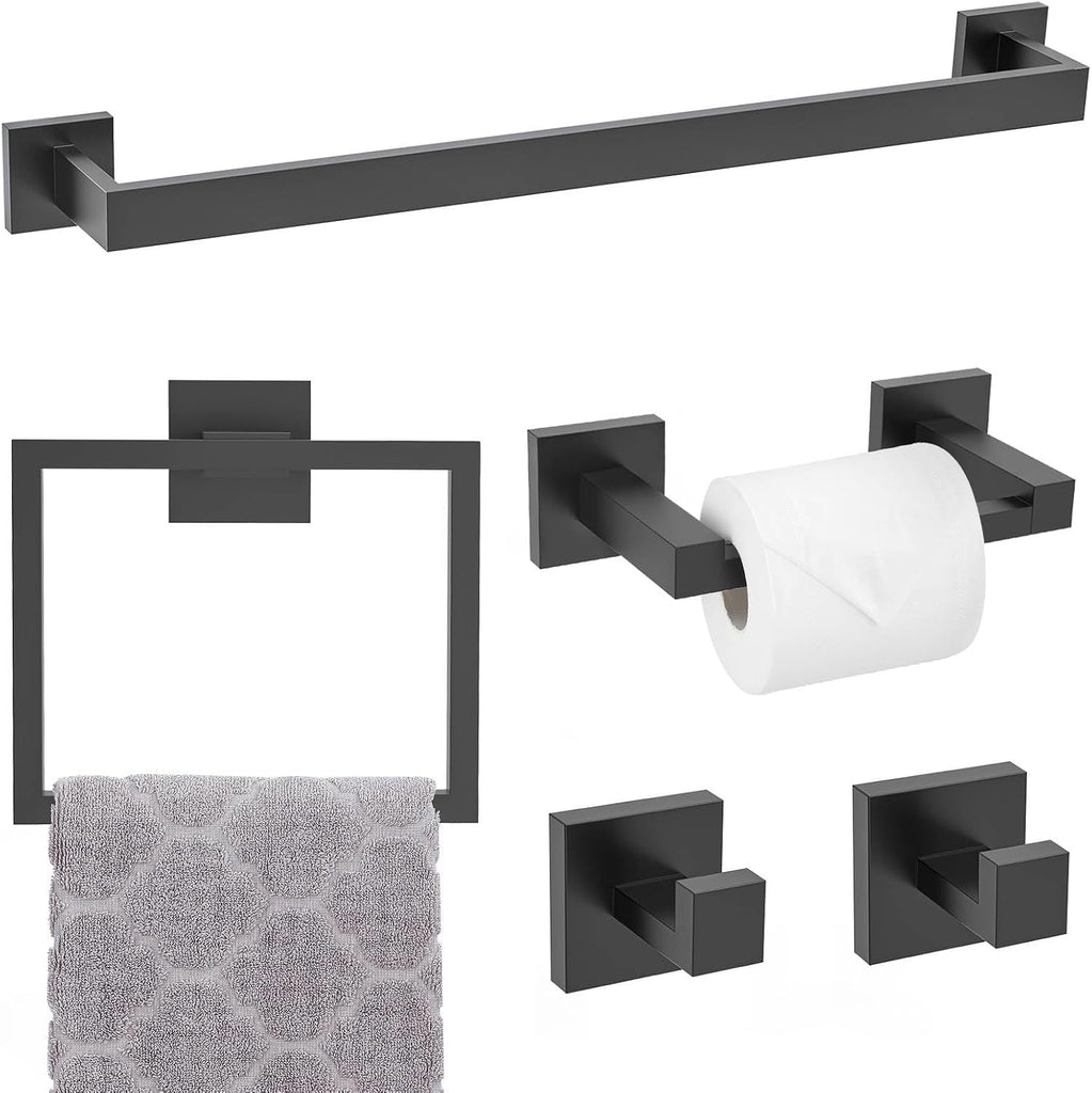 Matte Black Towel Bar Set 5-Piece Bathroom Hardware Accessories Set,23.6 Inch Modern Towel Holder Set SUS304