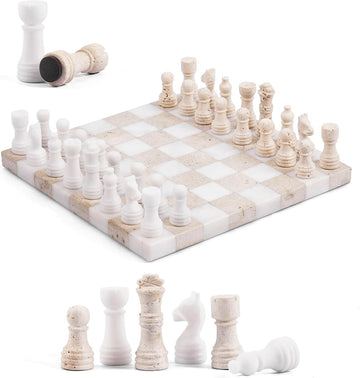 Marble Chess Set 10 Inch Handmade White & Travertine Chess Board with & 2 Extra Queens, Classic 2 Player - Set of 32