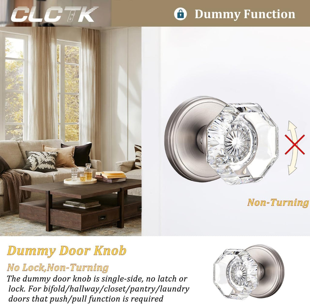 2 Pack Crystal Dummy Door Knobs, Non-Turning Single Side Dummy Door Knob, Brushed Nickel