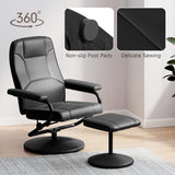 Modern Reclining Swivel Lounge Chair and Ottoman — Black Faux Leather