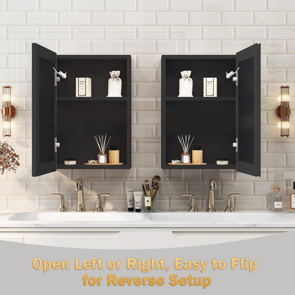 Black Medicine Cabinet, Farmhouse Recessed or Surface Wall Mounted Aluminum, Modern Pre-Assembled Storage Cabinet