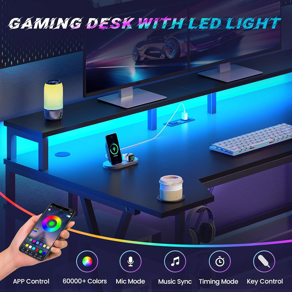 Gaming Desk 70.8'' with LED Lights, Storage Shelves,Power Outlets | Computer Desk with Monitor Stand and Cup Holder