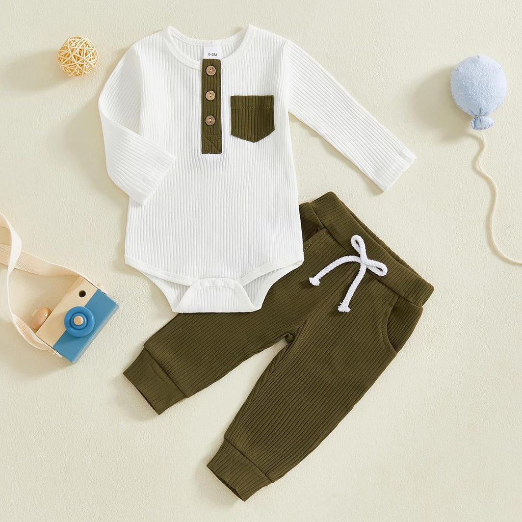 Baby Boy Clothes 3 6 12 Ribbed Knitted Long Sleeve Romper and Pants Sets Newborn Fall Splicing Color Outfits